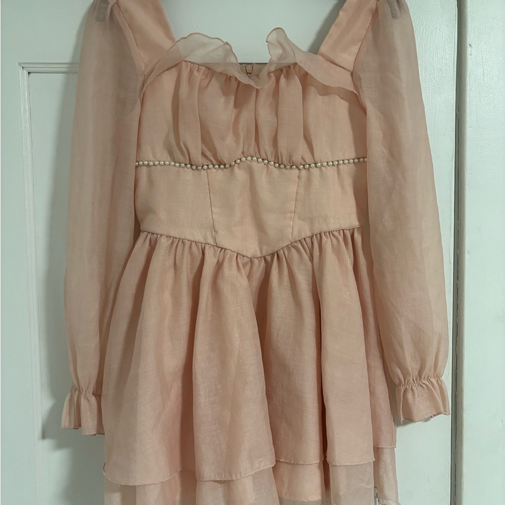 formal short pink dress with pearl accents